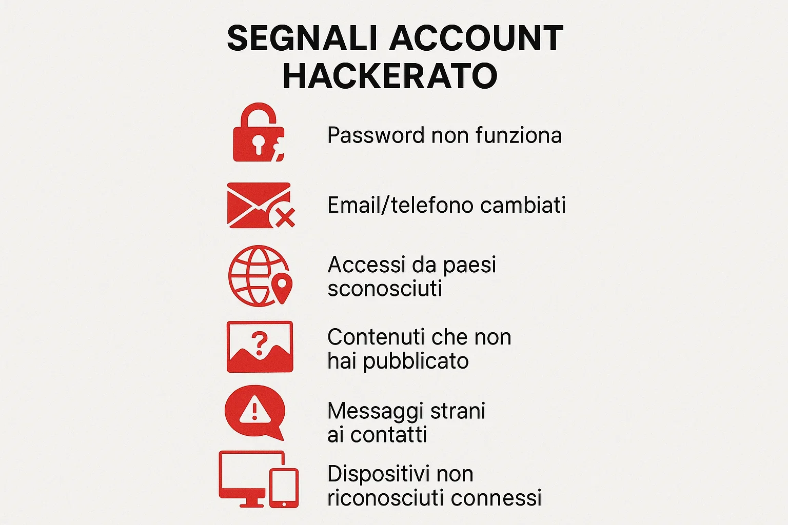 Lista visiva dei segnali di account social compromesso con icone rosse di allarme