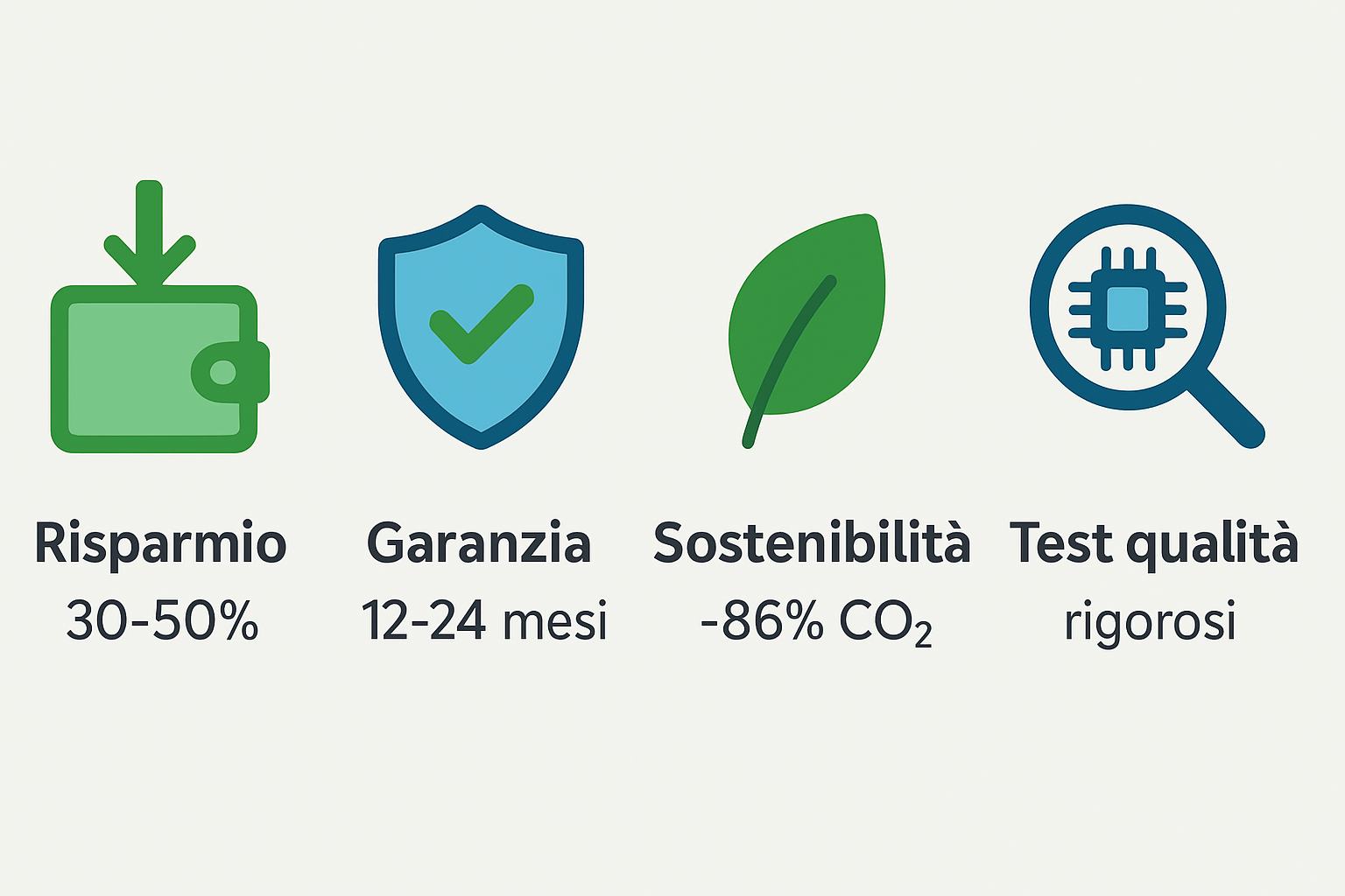 Infografica con icone dei vantaggi del ricondizionato: risparmio garanzia sostenibilita