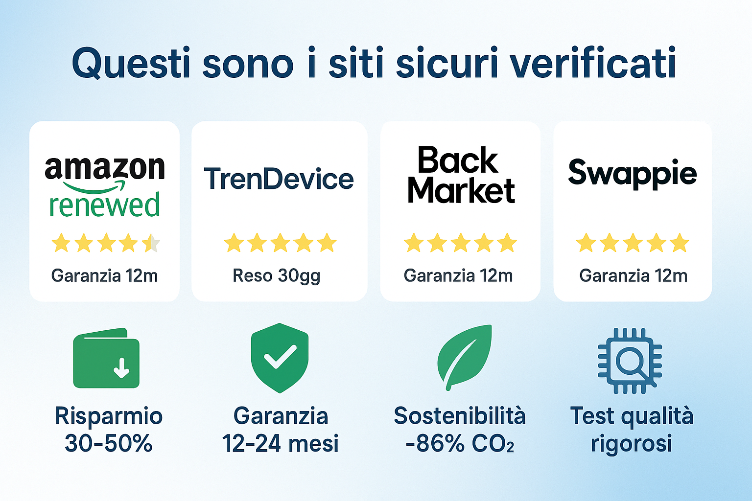 Loghi dei principali siti per comprare ricondizionato sicuro: Amazon TrenDevice Back Market Swappie
